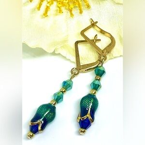 Teal Green Cobalt Blue Gold Enamel Flower and Crystal Lever Back Dangle Earrings